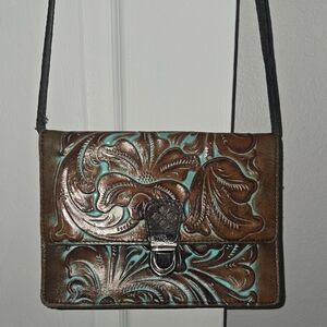 Patricia Nash Brown and Teal Embossed Messenger Bag